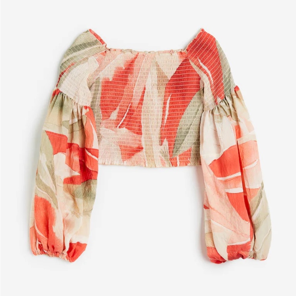 H&M Red and Green Puff Sleeve Blouse